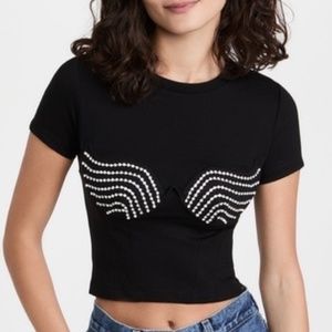 AREA NWOT Black Crystal Cup Bustier T-Shirt Crop Tee Small XS